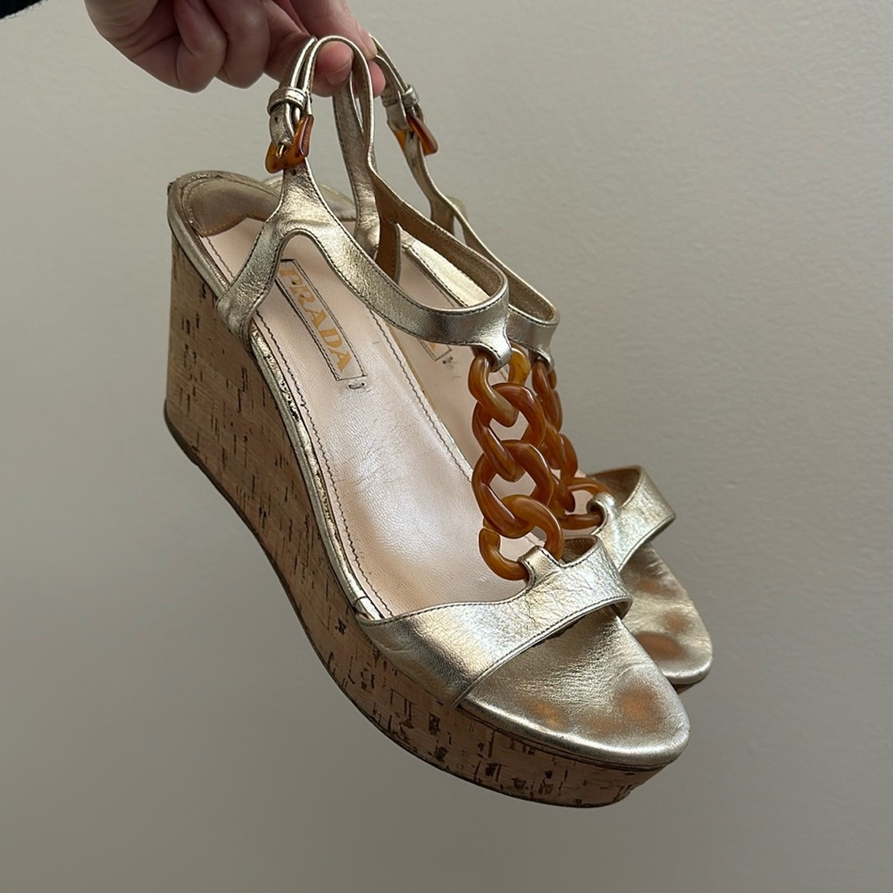 Prada Cork Wedge Sandals T Strap Chains, Gold and Brown Resort Wear 39.5